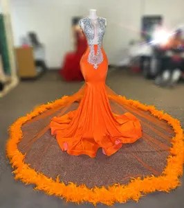Ocstrade Sleeveless Ostrich Feather Dress Luxury Vestidos De Noche De Fiesta Formal Rhinestone Diamond Orange Sparkly Prom Dress