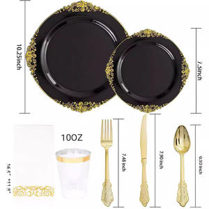 Service de vaisselle jetable Baroque pour mariage, desserts et apéritifs, assiettes en plastique transparent <span class=keywords><strong>avec</strong></span> bord doré, tasses, serviettes, fourchettes - Product Image 6