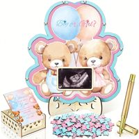 Cadre photo Nicro Ours mignon avec nœud rose et 60 tranches de bois personnalisables pour invités, pour décoration de table de fête prénatale et révélation du sexe