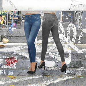 ShopINess Lot de 2 Jeggings à motif vintage coupe slim taille moyenne pour <span class=keywords><strong>femme</strong></span> (1 bleu et 1 <span class=keywords><strong>gris</strong></span> S-M) - Product Image 3