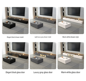 Console TV flottante sans poignées noir mat et <span class=keywords><strong>table</strong></span> basse carrée, avec mur d'arrière-plan TV LED en bois rainuré vertical assorti - Product Image 4