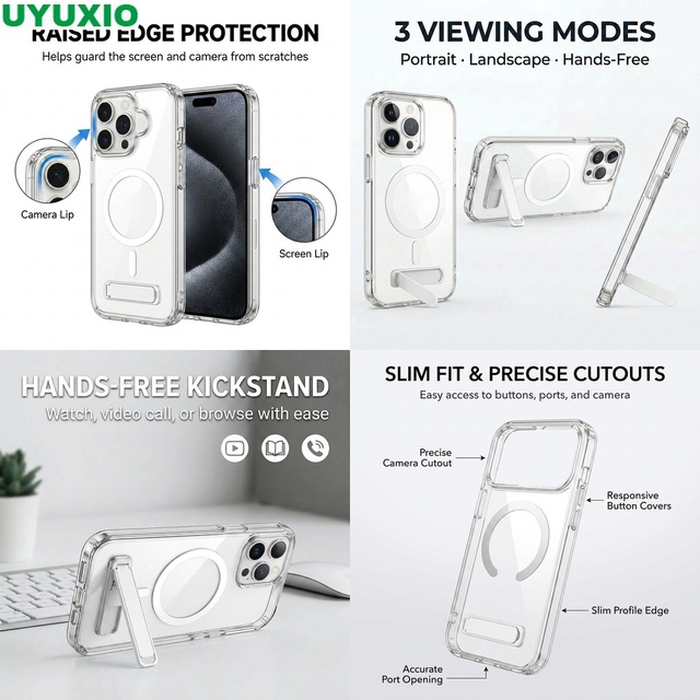 Clear Magnetic Holder Kickstand Case for iPhone 16 15 Pro Max 17 14 13 12 11 13 Mini Wireless Charging Compatible & Slim Fit