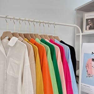 L00 Single-Pocket <b>Linen</b> <b>Shirt</b> Pocket Turn Down Collar Candy Color Casual Blouse Best Price High Quality - Product Image 2