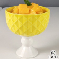 Bol à glace en céramique motif ananas jaune avec support et cuillère assortie pour dessert et salade de fruits