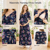 Robe longue de maternité et d'allaitement à col en V, motif floral, manches mi-longues, croisée avec lien à nouer à la taille pour femmes enceintes