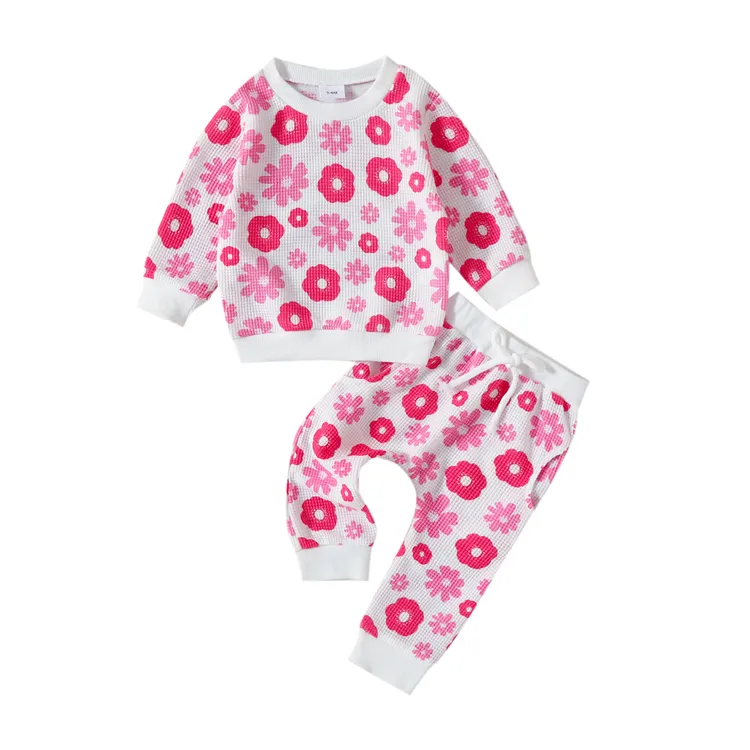 Hippo Kids Wafel Stof Sweatshirt 2 Stuks Set Lente Outfits Bloemen Baby Meisje Kleding 6-12 Maand