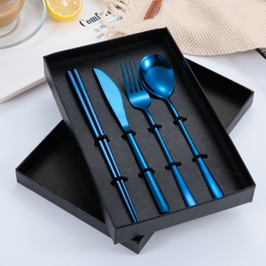 Ensemble de couverts en acier inoxydable 304, style coréen, couteau, fourchette et cuillère à long manche, 4 pièces, vaisselle occidentale, cadeau d'hôtel, couverts - Product Image 4