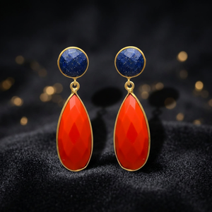 New Arrival <b>Red</b> Onyx Gemstone Lapis Lazuli Gemstone Ethnic Party Gold Plated Dangle <b>Earrings</b> Set - Product Image 2
