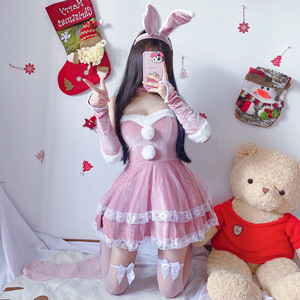 Disfraz de conejita, vestido de terciopelo rosa con orejas y guantes, disfraz de cosplay para mujer, traje de fiesta - Product Image 3