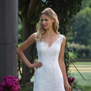 Simple <b>Lace</b> V Neck Wedding Dress A Line <b>White</b> With Zipper Natural Waistline 2026 Style - Product Image 2