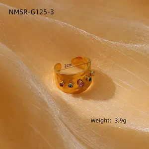 Vintage Colored Zircon Inlaid Adjustable Opening Ring Stainless Steel 18K Gold Plated Personality Wide Band Unisex Jewelry Ring