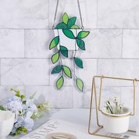 Attrape-soleil vert en acrylique à suspendre à la fenêtre avec chaîne en fer et crochet, feuille de plante artificielle artisanale teintée