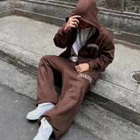Ensemble survêtement homme en molleton épais 100 % coton avec logo personnalisé, sweat à capuche zippé et pantalon de jogging tricoté