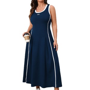 <span class=keywords><strong>Robe</strong></span> longue décontractée et sportive pour <span class=keywords><strong>femme</strong></span>, grande taille, col rond, sans manches, coupe trapèze, avec bordure contrastante - Product Image 6