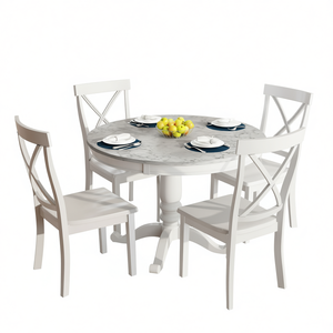 Set tavolo e sedie da pranzo bianco, 5 pezzi, in legno, stile tradizionale con schienale a croce, per cucina e arredamento casa - Product Image 1