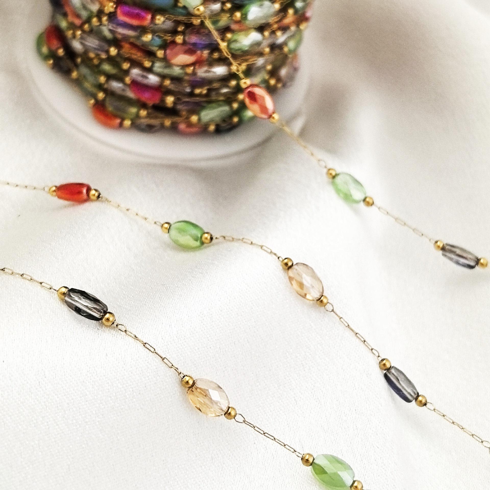 Color flat crystal copper bead titanium steel chain