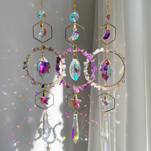 Attrape-soleil en cristal naturel, pierres précieuses, vitrail, cercle de cristal suspendu, attrape-soleil lune et étoiles - Product Image 1