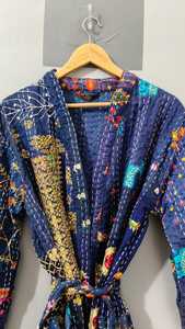 Bata de mujer acolchada Kantha con estampado de bloques, patchwork, bordado a mano, cuello de algodón, manga tres cuartos, para otoño - Product Image 6