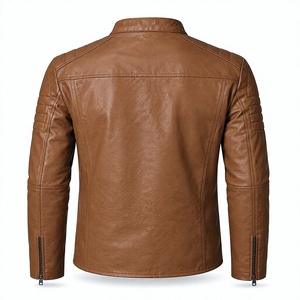 Unisex Tan PU Leather Moto <b>Jacket</b> with Stand Collar Dual Zip Pockets <b>Quilted</b> Shoulder Detail Quick Dry & Breathable - Product Image 4