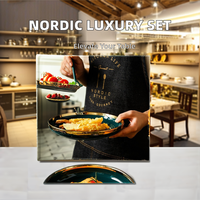 Service de table de luxe nordique, vaisselle en céramique durable avec bord doré, comprend des assiettes, des bols à salade pour les fêtes