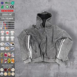 Sudaderas con Capucha para Hombre, Corte Cuadrado, con Rayas, Estilo Vintage, Lavado Ácido, con Cremallera, Desgastadas - Product Image 1