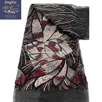Tissu en tulle et dentelle surdimensionné à motifs de plumes de lotus, orné de perles et de paillettes, avec bordure décorative, pour robes de soirée