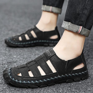 Sandalias deportivas huecas para hombre, de verano, con puntera cerrada, de cuero genuino, suela suave, antideslizantes, para conducir al aire libre, para vadear, zapatos de playa - Product Image 1