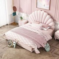 Lit double moderne style crème en cuir souple pour enfants, avec cadre en bois massif, inclinable et assemblé avec un meuble de rangement