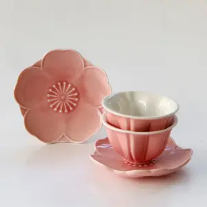 Conjunto de xícara de café em forma de flor de cerâmica, rosa, sakura, flor de cerâmica, para as mulheres à tarde, caneca de chá