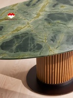Table à manger ronde en marbre vert, base en bois massif cannelé, plateau en métal, table à manger de luxe en pierre pour 4 à 6 personnes