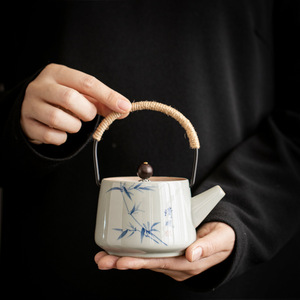 Théière en céramique de bambou peinte à la main avec poignée et filtre, couleur sous-glaçure, style rétro, pour la cérémonie du thé chinois - Product Image 4