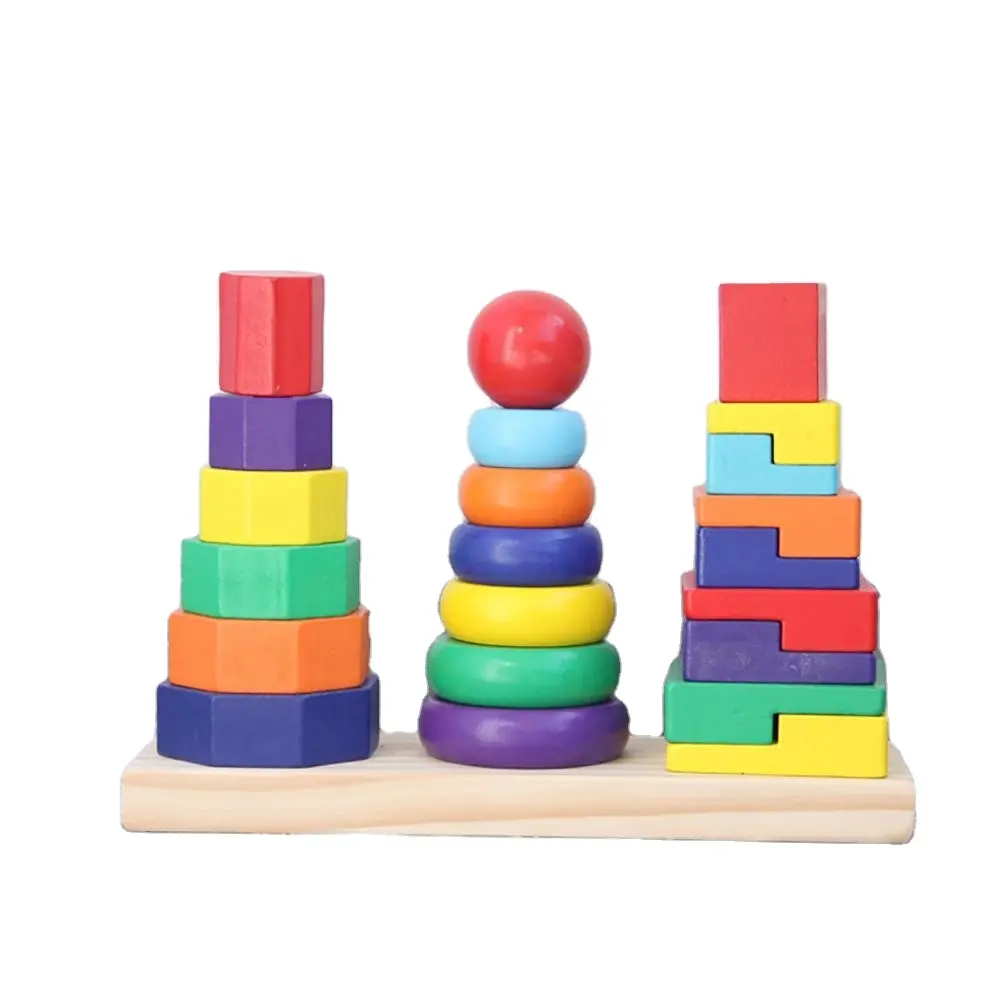 Wholesale Wooden Geometric Shape Stacker Sorting Board Rainbow Tower Small Three Pillars Tower Of Hanoi Puzzle Game For Children