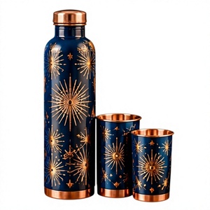 Juego de Botellas de Agua de Cobre de Lujo con 2 Tazas, Diseño de Estrellas Azules y Doradas, Termo Metálico para Viaje - Product Image 1