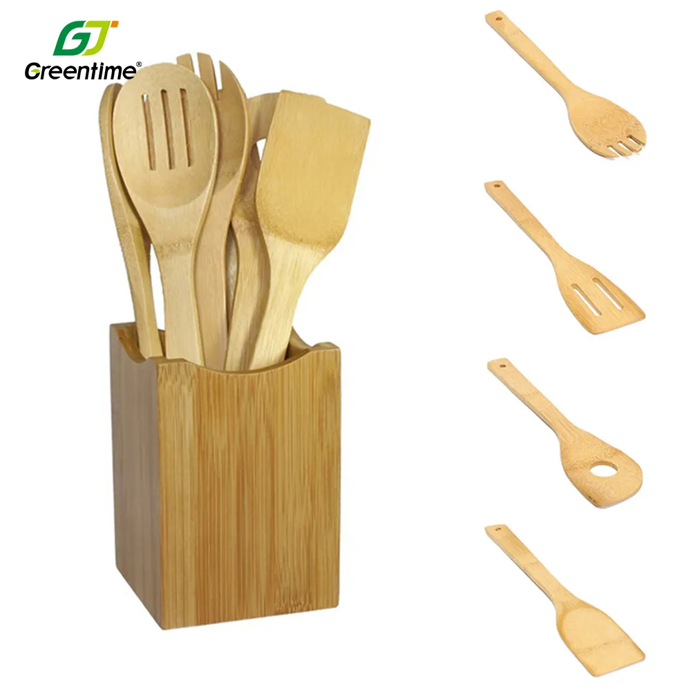 Custom Kitchen Reusable Mixing Utensil Tool Set Bamboo Cooking Utensils Wooden With Holder For Pots Pans