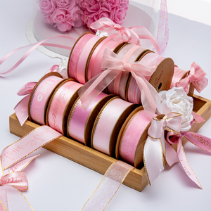 Cinta de organza Ribest al por mayor de 10-25 mm, rosa, de poliéster, de lujo, ecológica, con borde satinado estampado de una sola cara, para bodas - Product Image 2