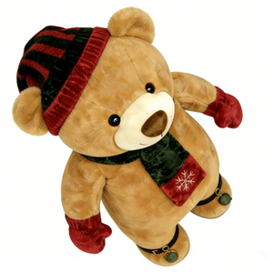 Oso de peluche navideño personalizado, oso de peluche de invierno, oso de peluche marrón con gorro de punto, bufanda y manoplas rojas. - Product Image 2