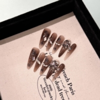 Faux ongles press-on marron faits main personnalisés avec strass en cristal, pointes artificielles stiletto réutilisables en PMMA, 10 doigts