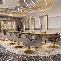 Grande Station de Coiffure/Maquillage Complète, Or, avec Miroir LED et Table, pour Salon de Coiffure ou Barber Shop