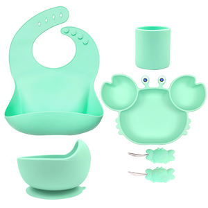 Juego de alimentación de bebé de silicona sin BPA para recién nacido, 6 piezas, plato de cangrejo, cuenco de succión con cuchara y tenedor, babero impermeable para bebé - Product Image 1