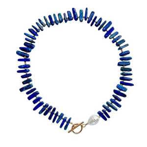 Joyería de mujer, gargantilla de piedras preciosas con barra de lapislázuli azul, collar llamativo con abalorio de Perla Barroca - Product Image 6