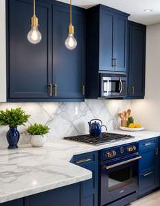 CBMMart Armoire de cuisine de style classique bleu marine avec comptoir en pierre de marbre et évier de <span class=keywords><strong>ferme</strong></span> en céramique - Product Image 4