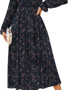 Floral Print Autumn Midi <b>Dress</b> Long Sleeve V Neck Pleated Tiered Woven Casual <b>Wedding</b> <b>Boho</b> High Waist - Product Image 1