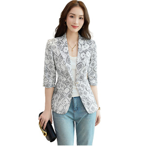 Women's Printed Blazer Apricot Patterned Slim Fit Linen Blend Summer Jacket Elegant Classic Style - Product Image 5