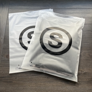 Luxury Matte White Zipper Bags with Black Logo Print - Resealable Frosted Poly Bags for Clothing & Retail - Product Image 1