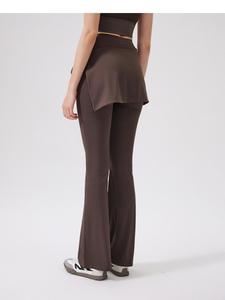 En gros, Pantalon de yoga évasé 2-en-1 pour femme, taille haute, extensible, uni, respirant, effet ventre plat, avec jupe intégrée, pour Pilates - Product Image 4