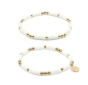 Modyle — Bracelet en poterie souple fait à la main, de style bohème, avec cordon élastique, perles dorées, breloque disque