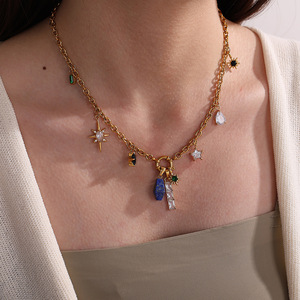 Colgante geométrico chapado en oro de 18 quilates con gemas de colores, formas mixtas para hacer collares, accesorio de joyería DIY, acero inoxidable, circonita - Product Image 4