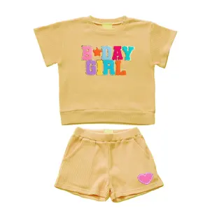 High Quality Waffle Cotton T Shirt and Summer Shorts Girls Summer Clothing Set