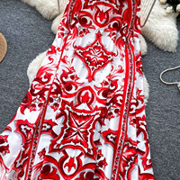 Gaun Maxi Kasual Wanita Elegan Merah Putih Bermotif A-Line Lengan Panjang untuk Pakaian Sehari-hari dan Liburan