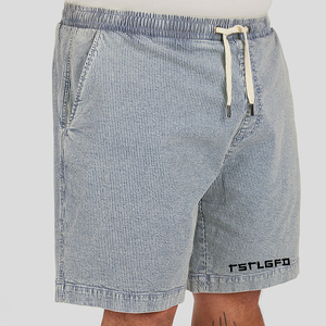 Pantalones cortos de mezclilla a rayas azules para hombre, talla grande, con cordón, cintura elástica, ajuste holgado informal, pantalones cortos de mezclilla de verano para uso diario y vacaciones - Product Image 3
